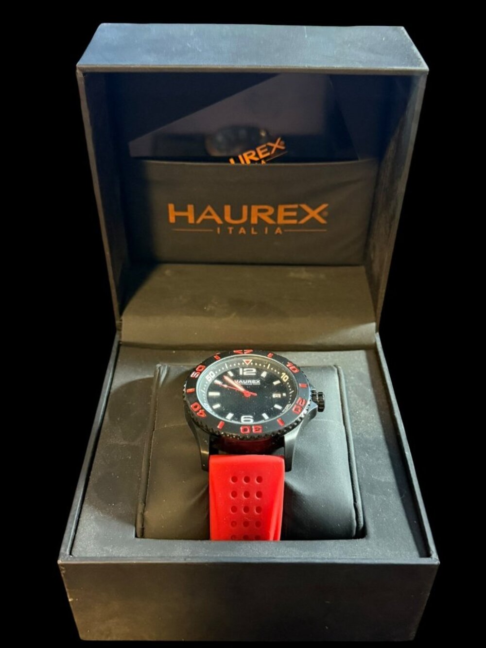 Haurex Italia Men's Black Dial Red Silicone Swiss Quartz Dive Watch with Box